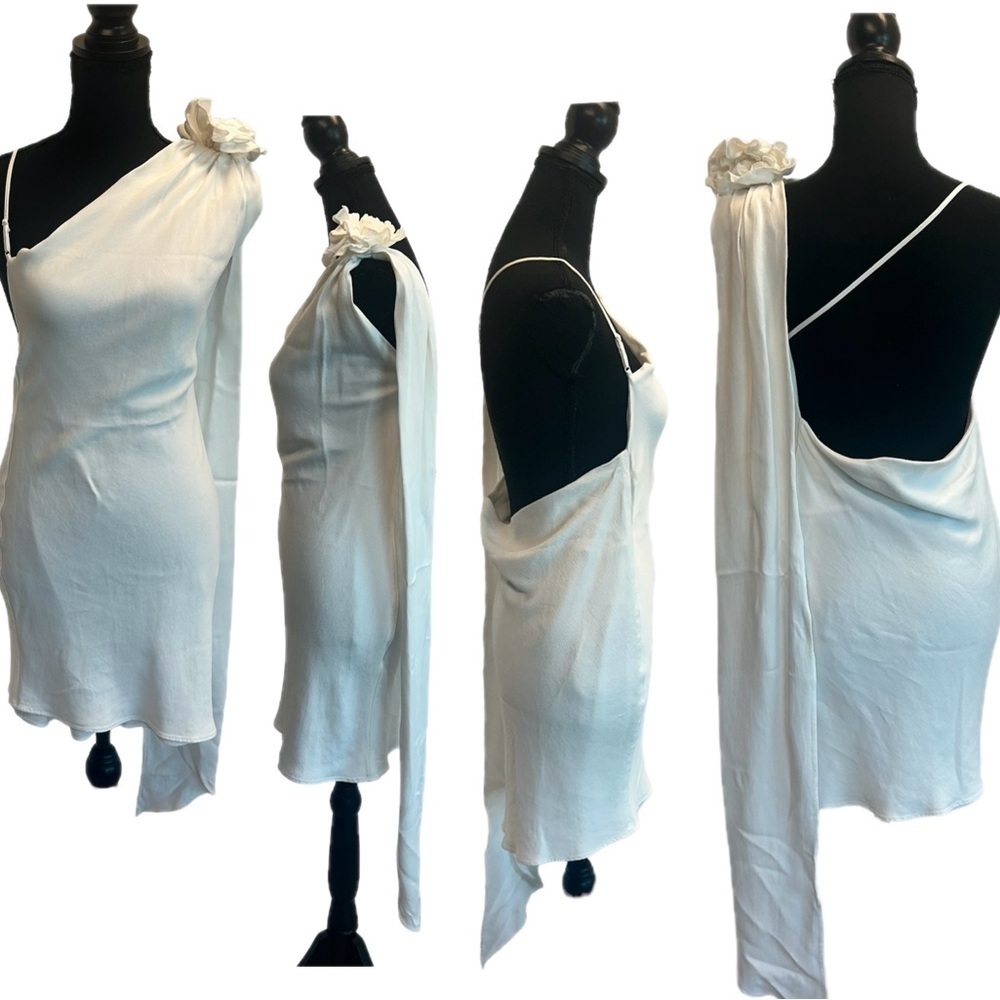 Zara White asymmetrical one shoulder flower draped sash mini dress NWOT